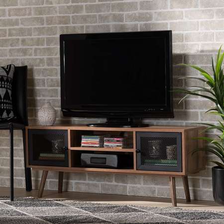 Baxton Studio Yuna Mid-Century Transitional Natural Brown Finished Wood and Black Metal 2-Door TV Stand 196-12071-ZORO